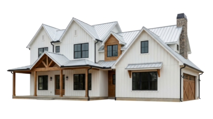 Modern white farmhouse with wooden garage door front porch stone chimney and metal roof PNG