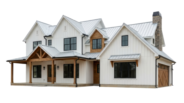 Modern white farmhouse with wooden garage door front porch stone chimney and metal roof PNG