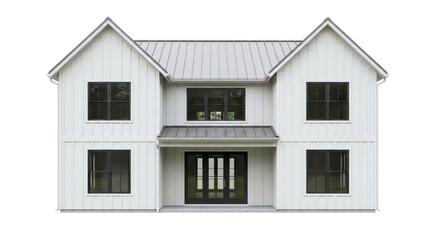 Modern white farmhouse with dark metal roof wooden deck and multiple gables perspective view PNG