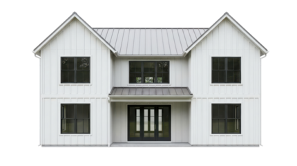 Modern white farmhouse with dark metal roof wooden deck and multiple gables perspective view PNG