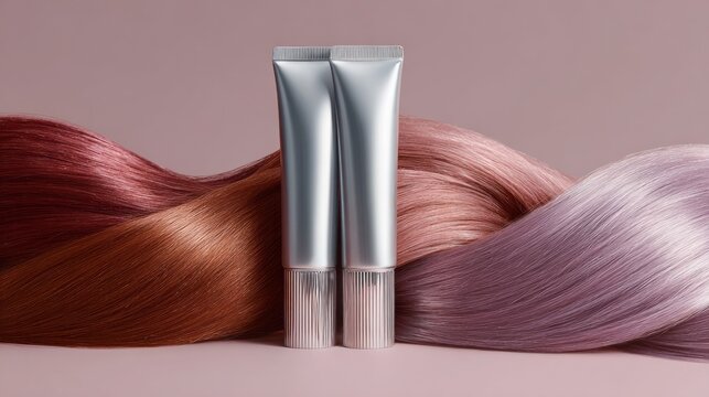 Three flowing strands of metallic hair in rich hues create a stunning backdrop for two sleek tubes of hair color. The scene captures vibrant beauty and creativity in a modern setting