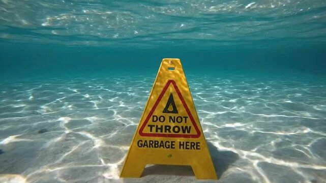 An ironic, conceptual underwater scene shows a "Do Not Throw Garbage Here" sign resting on the sandy bottom of a clear, turquoise sea. Beautiful sunlight creates caustic patterns on the seabed, contra