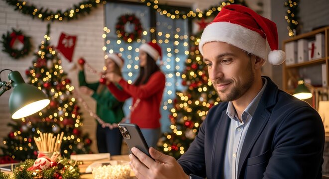 Smiling man in a Santa hat using his smartphone in a festively decorated office with Christmas lights and colleagues preparing holiday decorations in the background. - Powered by Adobe