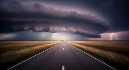 Road through prairie under stormy sky