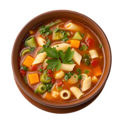 Minestrone in a brown bowl top view or isolated on white background