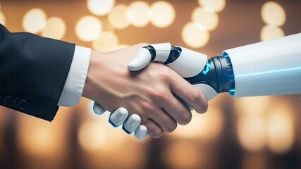 Futuristic collaboration handshake human and robot partnership on glowing background - Powered by Adobe