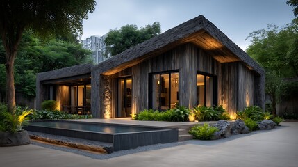 Contemporary house exterior with parking lot and pool, vertical wood plank siding, garden lighting, under a clear, starry sky.