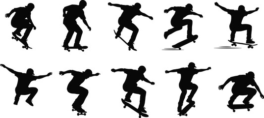 Skateboarder silhouette vector set, performing tricks, jumping, skating, extreme sport, urban action, skateboarding collection, youthful energy, graphic.