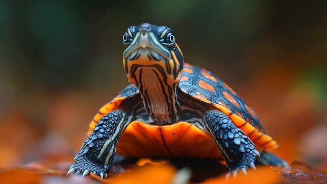 Colorful turtle swimming among vibrant autumn leaves