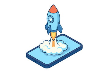 Isometric mobile application launch with ascending rocket symbol