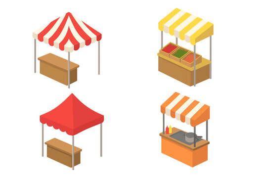 Isometric collection of various market stalls and vendor tents