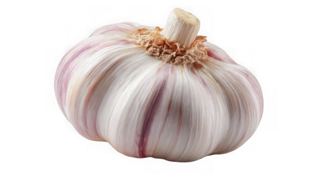 Single head of garlic with distinctive purple and white stripes, isolated on transparent background