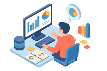 Isometric businessman analyzing data charts and graphs on computer screen