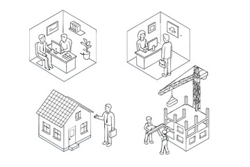 Obraz premium Isometric line art set depicting real estate and construction process stages