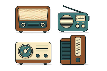 Collection of four classic vintage radio sets featuring different retro designs for broadcasting and music
