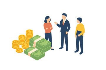 Business professionals discussing financial investment and wealth management near stacks of cash and gold coins