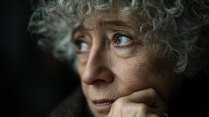 Portrait of an elderly woman with gray curly hair looking thoughtful. Concept of aging, contemplation, wisdom, loneliness, and life experience.	
