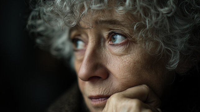 Portrait of an elderly woman with gray curly hair looking thoughtful. Concept of aging, contemplation, wisdom, loneliness, and life experience.	
