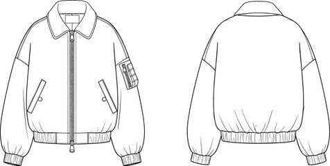 Bomber jacket technical flat sketch front and back view, ribbed cuffs, patch pocket, zipper closure, fashion CAD drawing vector