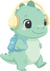 Dinosaur with Backpack and Headphones Cartoon
