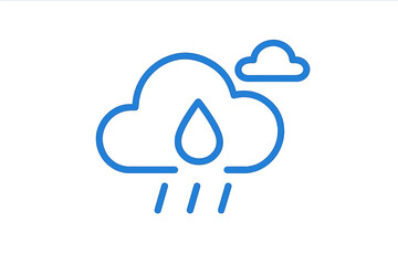 Simple blue line drawing of a cloud with a falling raindrop and rain streaks symbolizing weather conditions