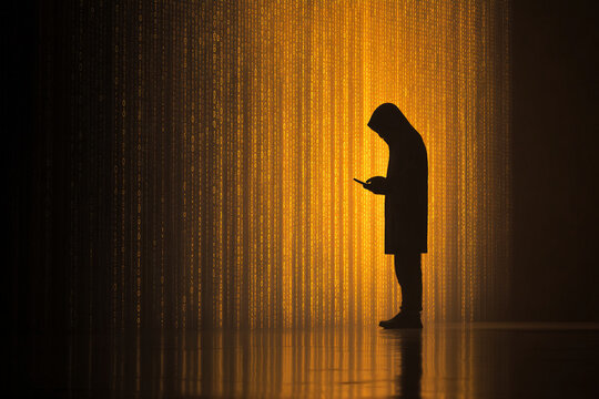 Mysterious hacker immersed in digital code with smartphone, perfect for cybersecurity or technology concepts, conveying intrigue, anonymity, and cutting-edge innovation