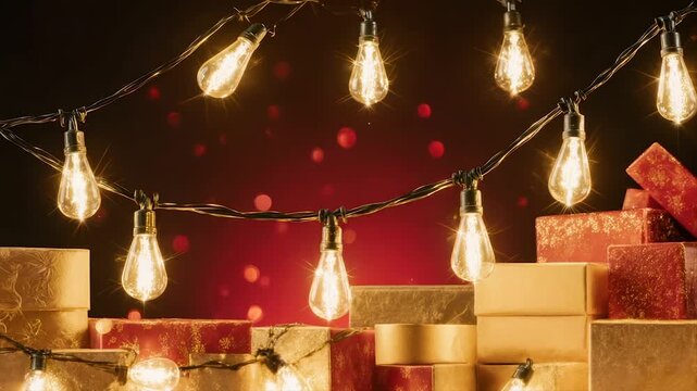 Warm, glowing light bulbs string over gifts on a rich red background