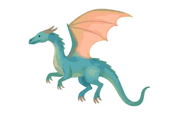 Obraz premium Mythical blue dragon with large orange wings in watercolor style fantasy