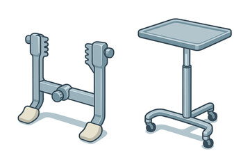 Isometric medical equipment set with motorcycle stand and adjustable tray table