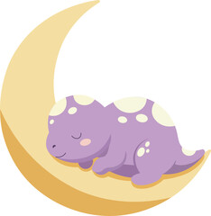 Cute Sleeping Dinosaur on Crescent Moon Cartoon 