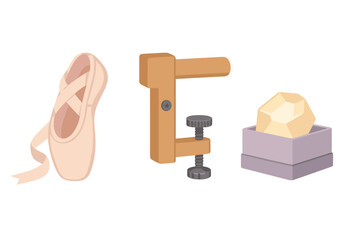 Unusual grouping of a ballet slipper, wooden C-clamp, and faceted crystal in a box © Alan