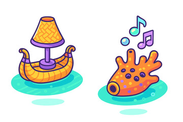 Brightly colored fantasy objects including a boat shaped lamp and a musical wind instrument