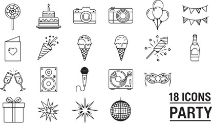 Minimalist Outline Vector Icons Set for Celebration, Party, Birthday, and Event Design