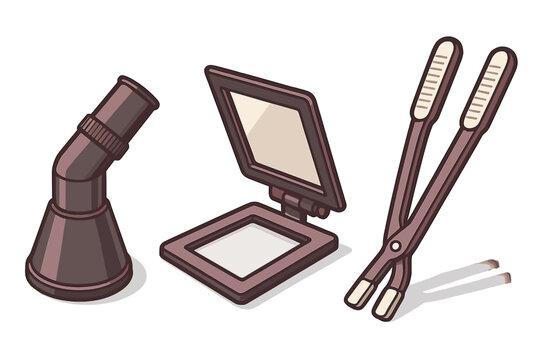 Darkroom equipment set with enlarger lens, printing frame, and developing tongs