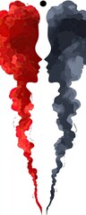 Faces outlined by smoke, red & blue opposite each other