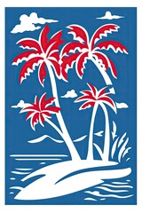 Red palms on blue island, stylized, tropical scene