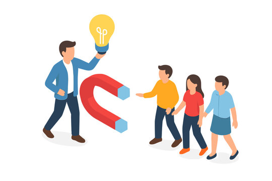 Businessman using magnet and lightbulb to attract potential customers and clients