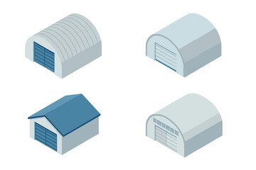 Isometric icons of industrial storage buildings and large transport hangars