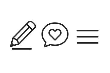 Content creation, feedback, and organization symbols: pencil, heart message, menu list