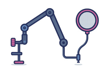 Adjustable articulated microphone stand with clamp mount and circular pop filter screen