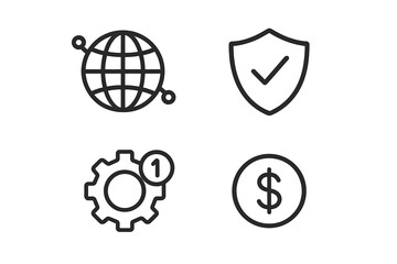 Four outline icons for global connection security settings and financial concepts