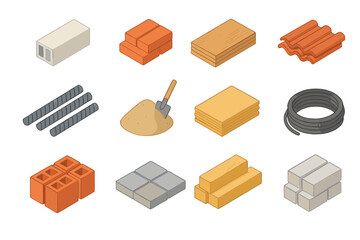 Fototapeta premium Isometric set of construction materials and building supplies icons