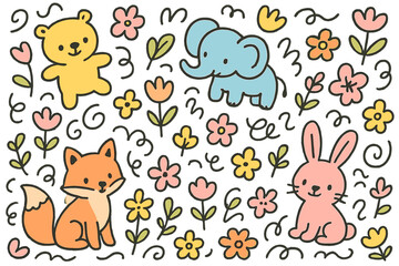 Fototapeta premium Seamless pattern with cute cartoon animals, colorful doodle flowers, and abstract elements
