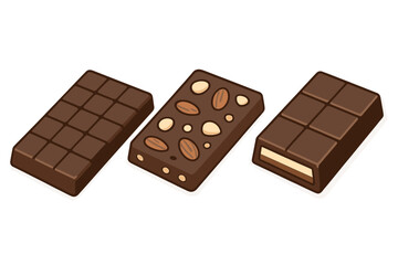Isometric set of three different chocolate bars with nuts and filling