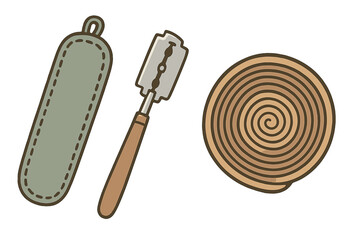 Traditional shaving kit items including a safety razor, protective pouch, and leather strop