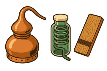 Essential elements for alcohol distillation including a copper alembic and cooling coil