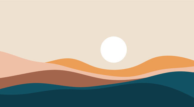 Abstract Desert Waves, Neutral Colors, Curved Shapes, Graphic Landscape, Background. An elegant illustration depicting the undulating desert landscape under a bright sun, can be used for web