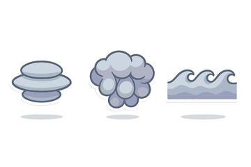 Zen stone stack steam cloud and ocean wave icons set for balance