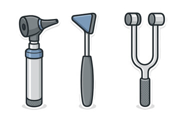 Medical diagnostic tools: otoscope, reflex hammer, and tuning fork set
