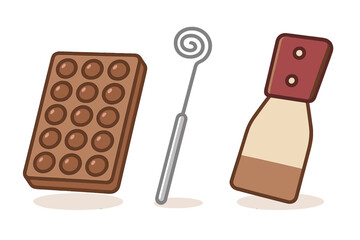 Baking and confectionery equipment set with chocolate mold, swirl dipper, and spatula